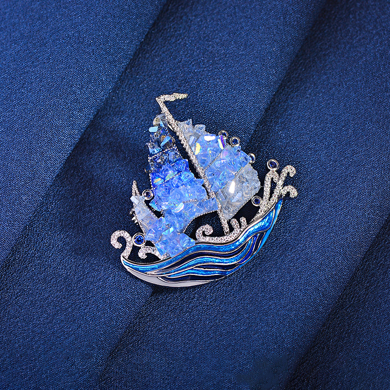 New Smooth Sailing Sailing Brooch, High-End Light Luxury Crystal Corsage Brooch, Enamel Colorful Clothing Accessories Wholesale