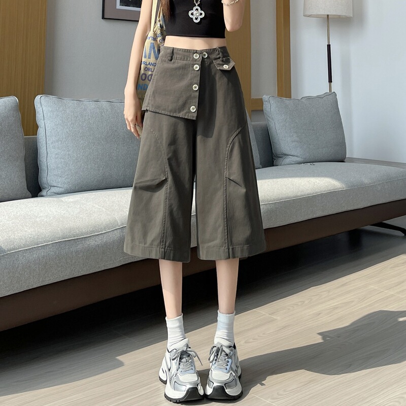 2026 Summer Heavy Washed Cotton Korean Style Cropped Workwear Wide-Leg Pants American Retro Irregular Hem Women's Pants