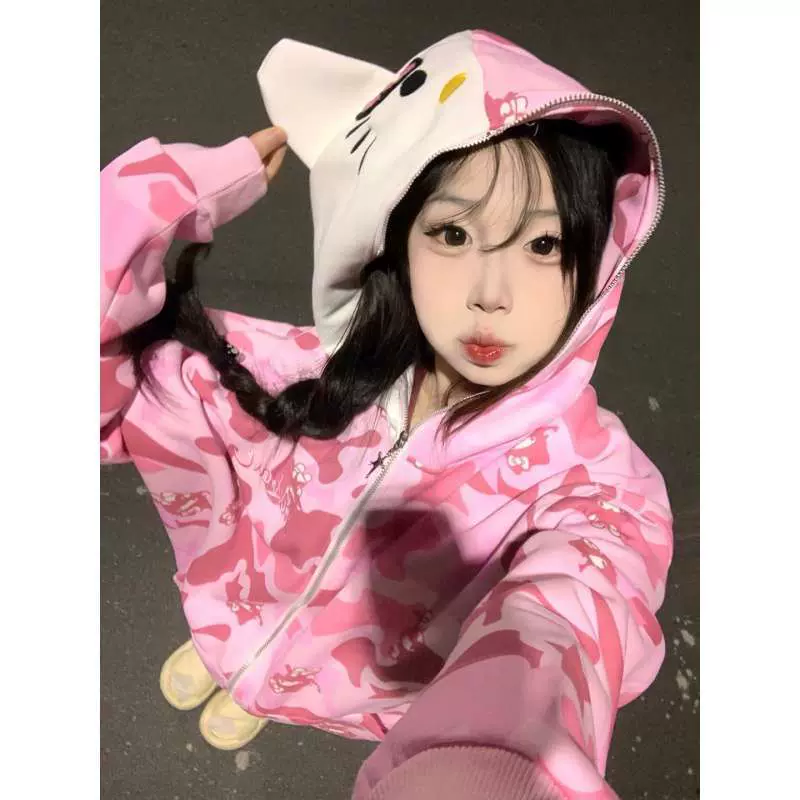 美式凯蒂猫满印连帽卫衣男女宽松情侣休闲慵懒风拉链加绒外套
