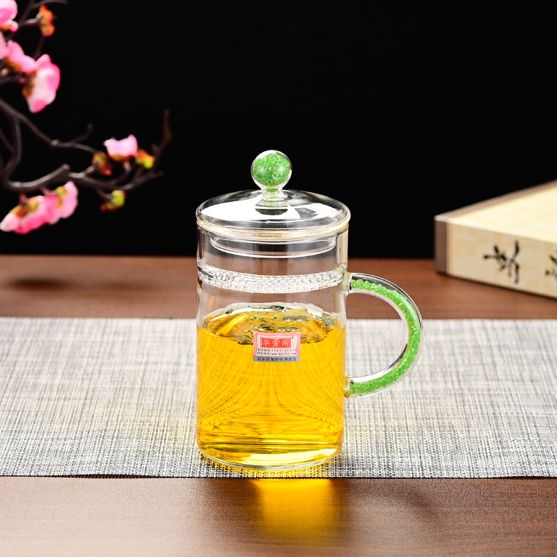 高端耐热玻璃杯月牙过滤绿茶杯办公三件茶水分离泡茶杯内胆彩把杯