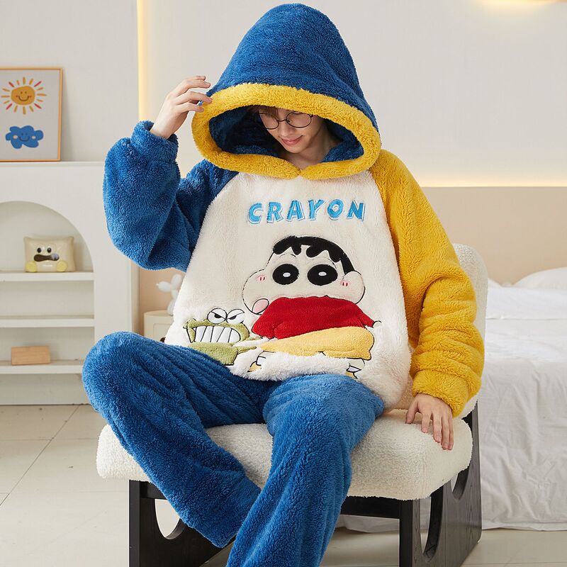 Autumn and Winter Coral Velvet Thickeneded Velvet Pajamas Men's Plus Size Flannel Hooded Youth Home Wear Set Autumn and Winter Coral Velvet Thickeneded Velvet Pajamas Men's Plus Size Flannel Hooded Youth Home Wear Set