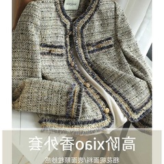 2025秋季新款百搭短款上衣多巴胺圆领时尚香风气质粗花呢毛边外套