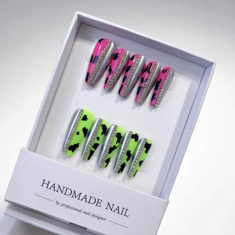 European and American New Style Mid-Length Trapezoidal Cow Pattern Handmade Nail Art with Sequins, Hot Girl Style Nail Tips with a High-End Feel