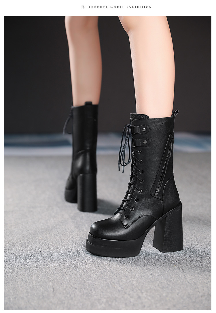Boot nữ cổ trung dây buộc đế platform gót cao 12 cm — Lót lông đen chi tiết 8