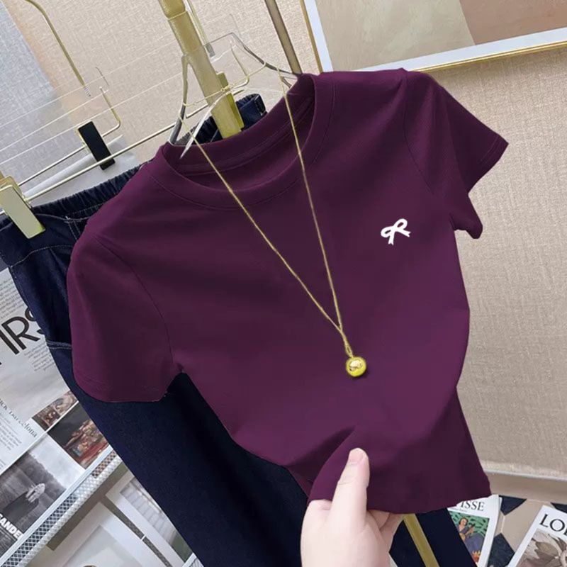 Dopamine Outfit Purple Short Top Women's T-Shirt 2025 Summer New Petite Slim Fit Waist-Cinching Short Sleeve Ins
