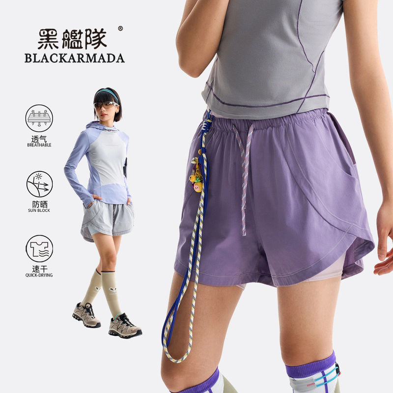 Black Fleet Outdoor Moisture-Absorbing Quick-Drying Two-In-One Sports Training Shorts for Women Summer Lightweight Breathable Fitness Running Pants
