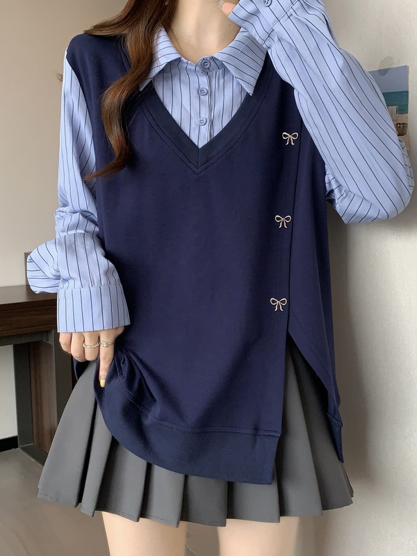 2025秋季新款设计感拼接蓝色条纹衬衫大码女装胖mm假两件长袖上衣|undefined