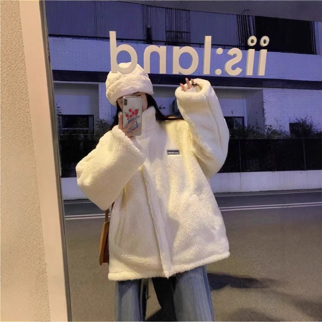 仿羊羔毛女秋冬季百搭棉服拉链卫衣新款ins港风加绒加厚外套