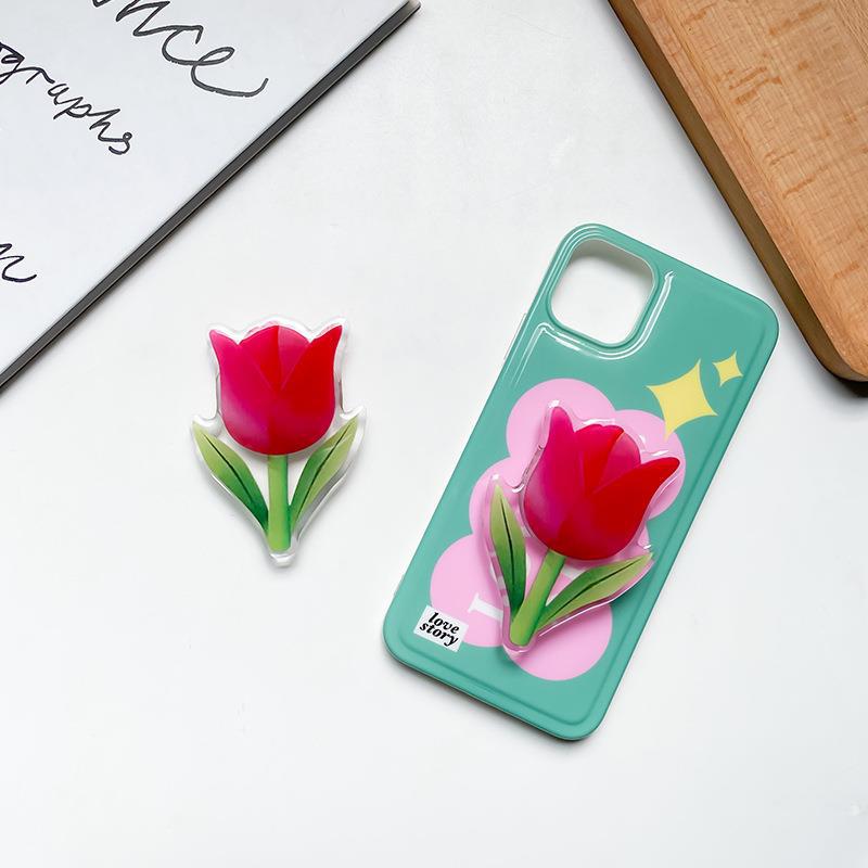Minimalist phone airbag holder with small fresh tulip flower back, stable Instagram style and niche finger ring buckle_voghion.com
