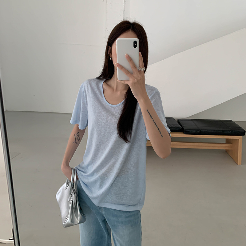 Umi Thirteen Lines Women's Clothing 2026 Summer New Short Sleeve T-Shirt for Women, Loose Fit, Versatile U-Neck Thin Tencel Top for Women