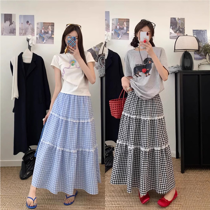 Plus-Size Women's Clothing for Chubby Girls, Fresh and Sweet Blue Plaid Tiered Skirt, Spring Lace Trim A-Line Long Skirt Plus-Size Women's Clothing for Chubby Girls, Fresh and Sweet Blue Plaid Tiered Skirt, Spring Lace Trim A-Line Long Skirt