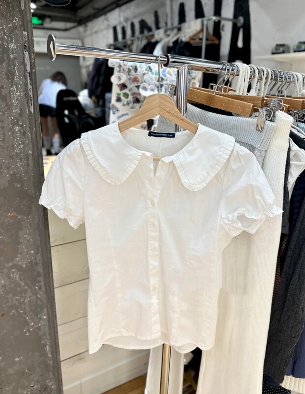 BM Style American Academy Style Doll Collar Lace White Short Sleeve Shirt Women's BM All-match Slim Puff Sleeve Top BM Style American Academy Style Doll Collar Lace White Short Sleeve Shirt Women's BM All-match Slim Puff Sleeve Top