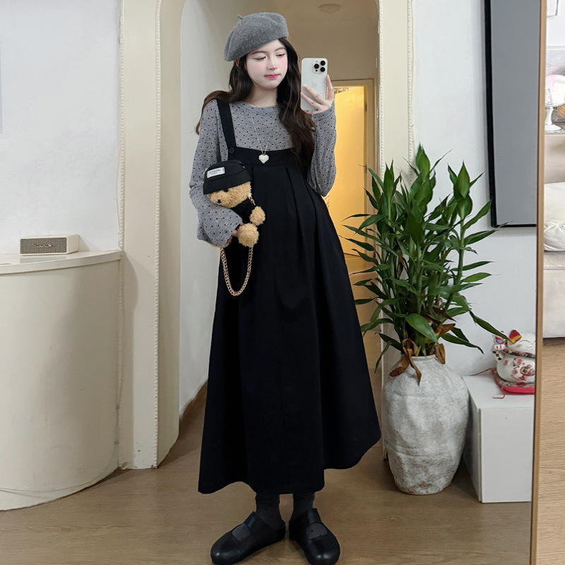 孕妇装秋季时髦波点上衣背带裙两件套秋冬怀孕期高级穿搭潮妈新款|undefined
