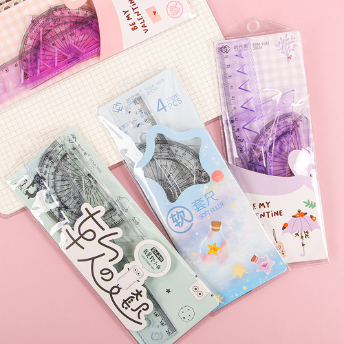Cartoon soft ruler set stationery primary school students soft ruler 4-piece set folding triangle plate protractor children's ruler