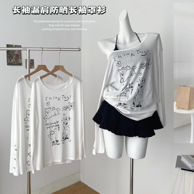 セナ日焼け止めブラウス女性のための 2025 夏の新しいホットスタイル長袖 T シャツデザインホワイトオフショルダーシングルショルダートップ|undefined