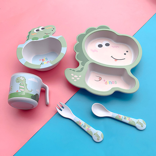 Cute Cartoon Bamboo Fiber Children's Tableware Home Kindergarten Kids Baby Division Dinner Plate Food Bowl Spoon Set