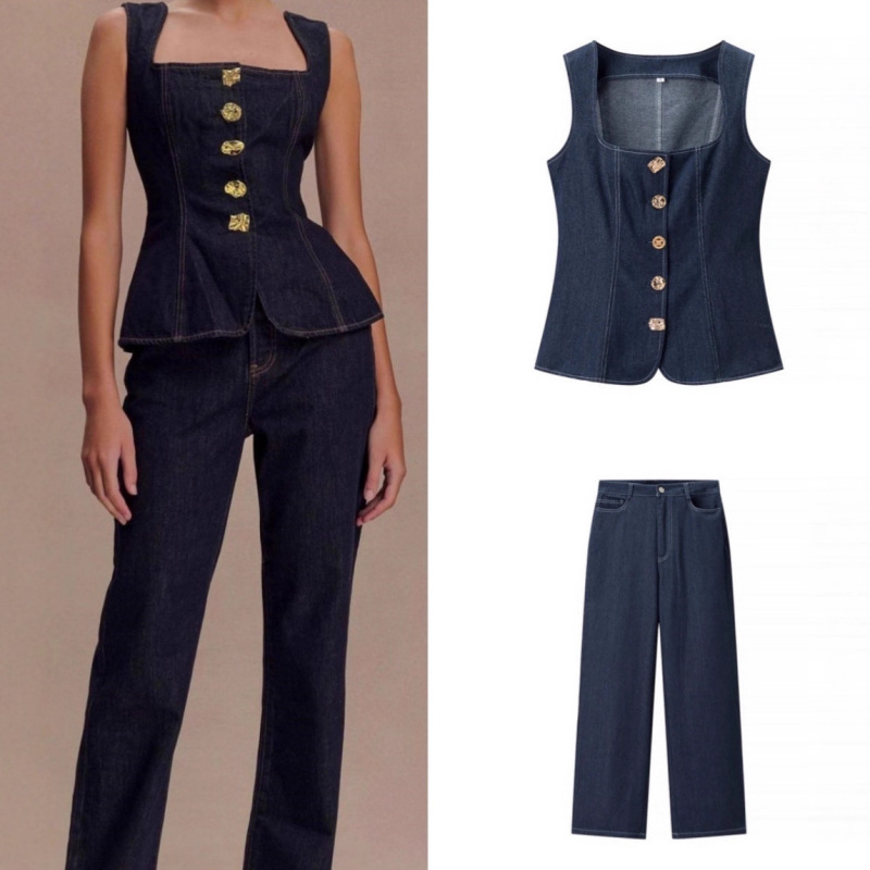 European and American Women's Clothing 2025 New Style Sleeveless Buttoned Slim-Fit Denim Top + Long Straight-Leg Jeans Set European and American Women's Clothing 2025 New Style Sleeveless Buttoned Slim-Fit Denim Top + Long Straight-Leg Jeans Set