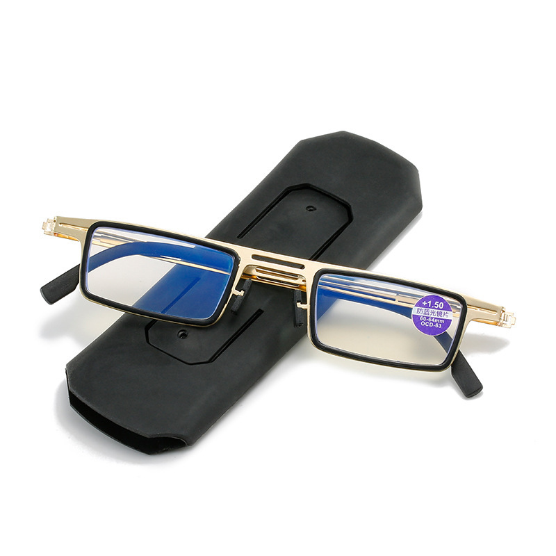 New portable mobile phone holder ultra-thin reading glasses high-end metal anti-blue light men and women reading glasses with leather case