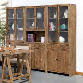 全实木书柜老门板书架玻璃带门现代简约办公落地书橱客厅柜储物柜