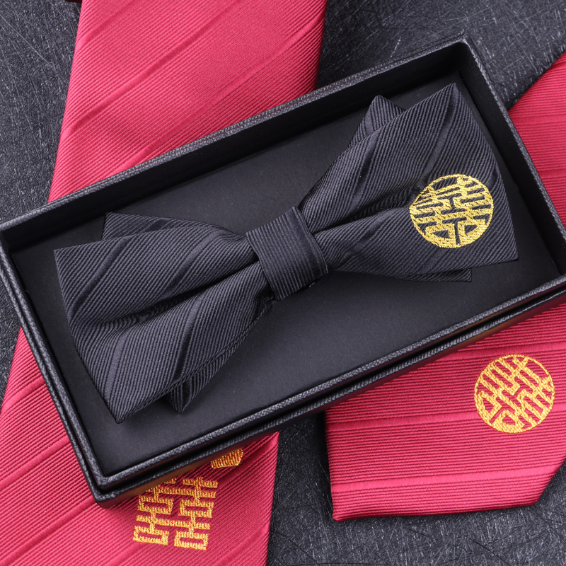 블랙 라운드 해피워드 나비넥타이 (선물박스 + 코사지)