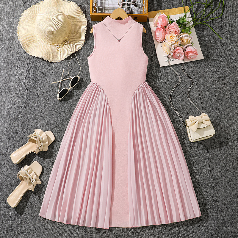 Girls' Elegant Pleated Patchwork Dress With Waist Support Stand Collar Style Summer New Popular Dress For Young Girls 8-16 Years_voghion.com