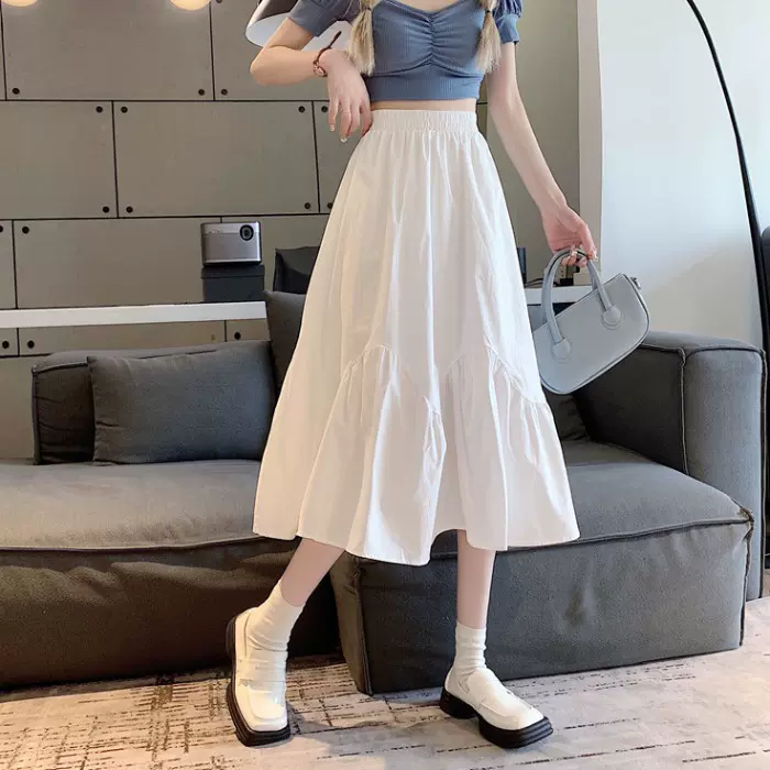 白色半身裙女夏季2025新款高腰宽松显瘦百搭不规则中长款a字裙子