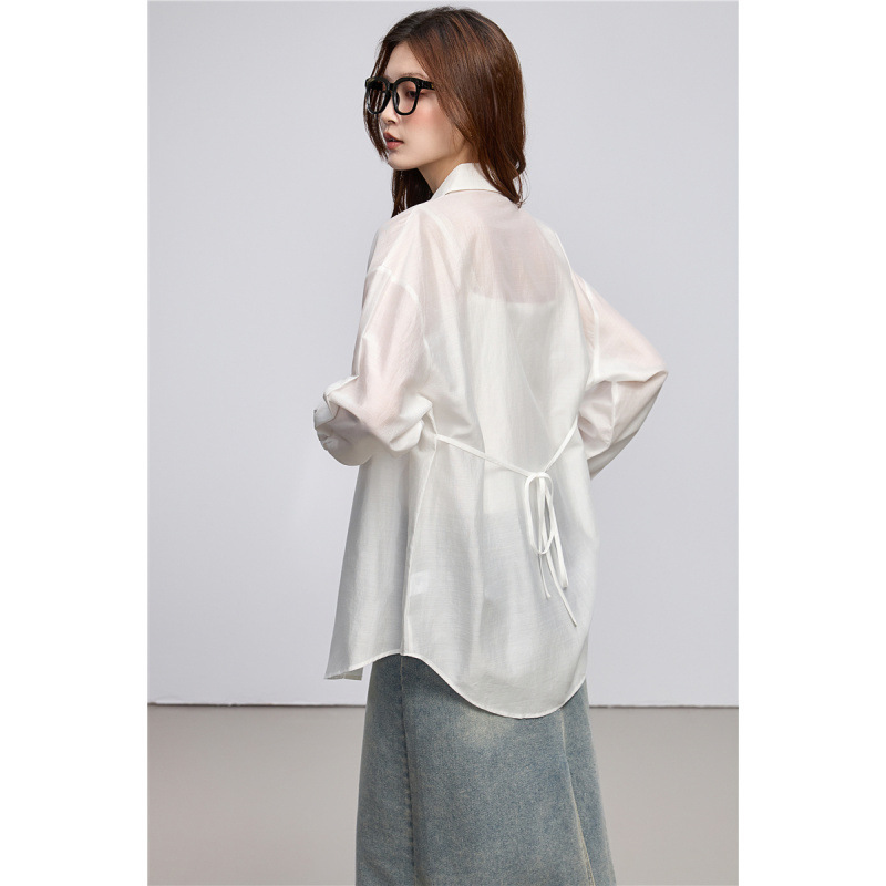 2026 White Long-Sleeve Sun-Protective Shirt for Women, Summer Cardigan with Tie, Niche Tencel Thin Loose Top