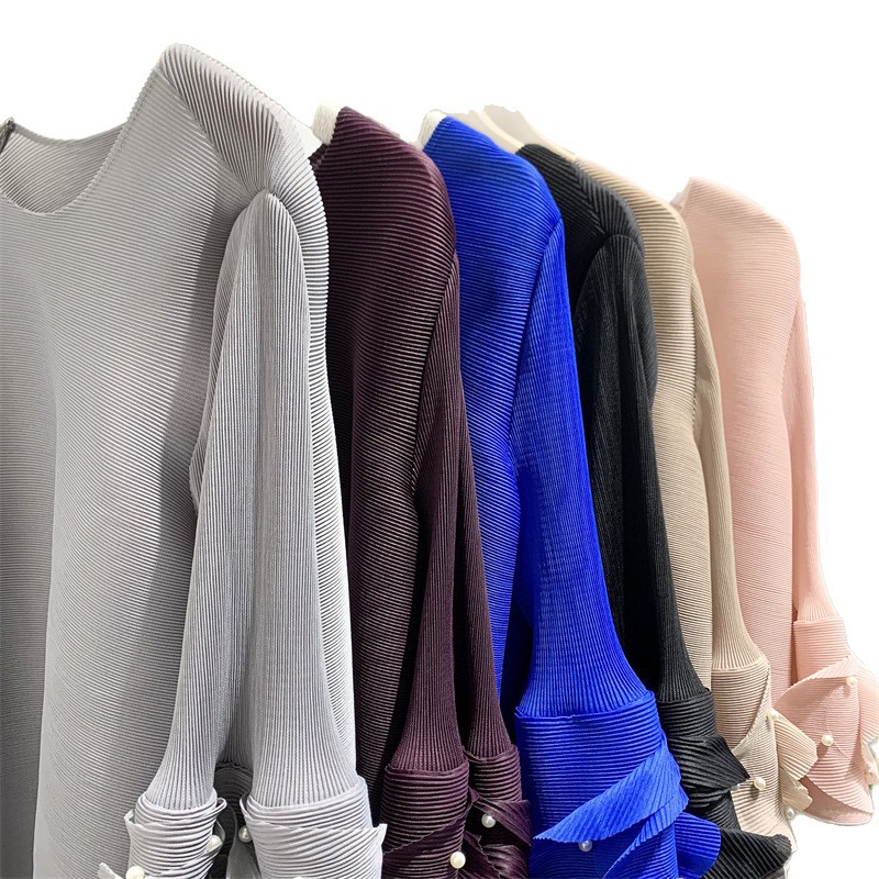 2025 春夏の新スタイル女性のためのプリーツトップビーズ七分袖ラウンドネック Tシャツルーズカジュアルプリーツ服外国貿易