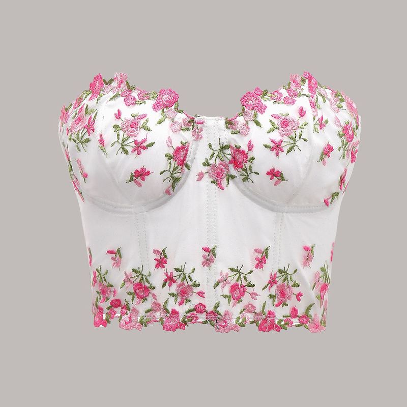 Spring and Summer New Style Lace Floral Embroidery Ins Style Sexy Sweet and Spicy Short Navel Fishbone Tube Chest Sling 60730
