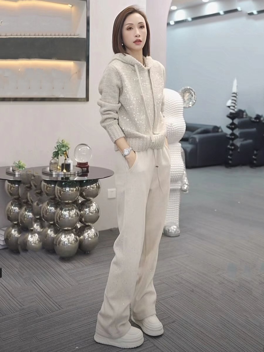Women's Clothing light luxury sequined hooded sweater autumn and winter high end temperament versatile warm long sleeved knitted sweater women's trend_voghion.com