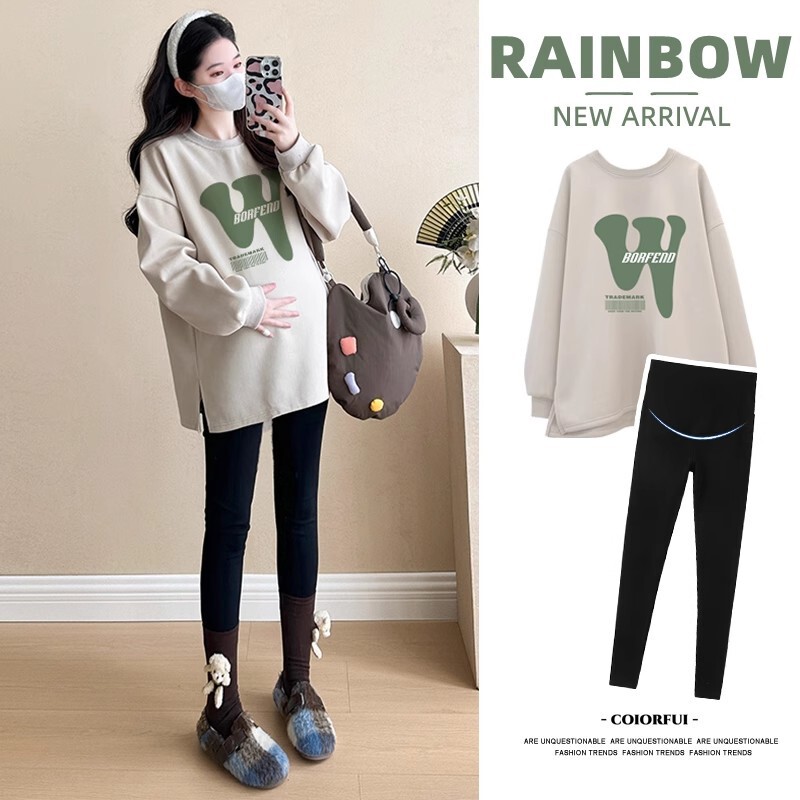 Maternity Wear Spring and Autum Korean Style Loose Casual Large Letter Tops Long-Sleeved Trendy Mom Wear Sweatshirt Two-Piece Suit