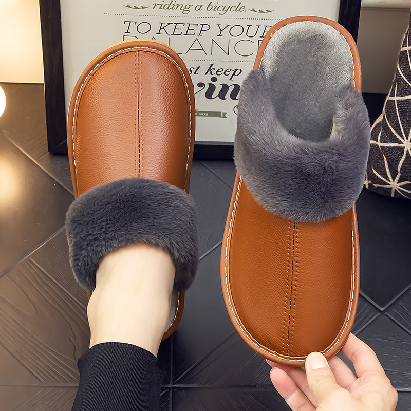 Cow Pair of Cotton Slippers for Men and Women at Home, Non-Slip and Warm, Indoor Wooden Floor Haining Home Leather Slippers, Autumn and Winter