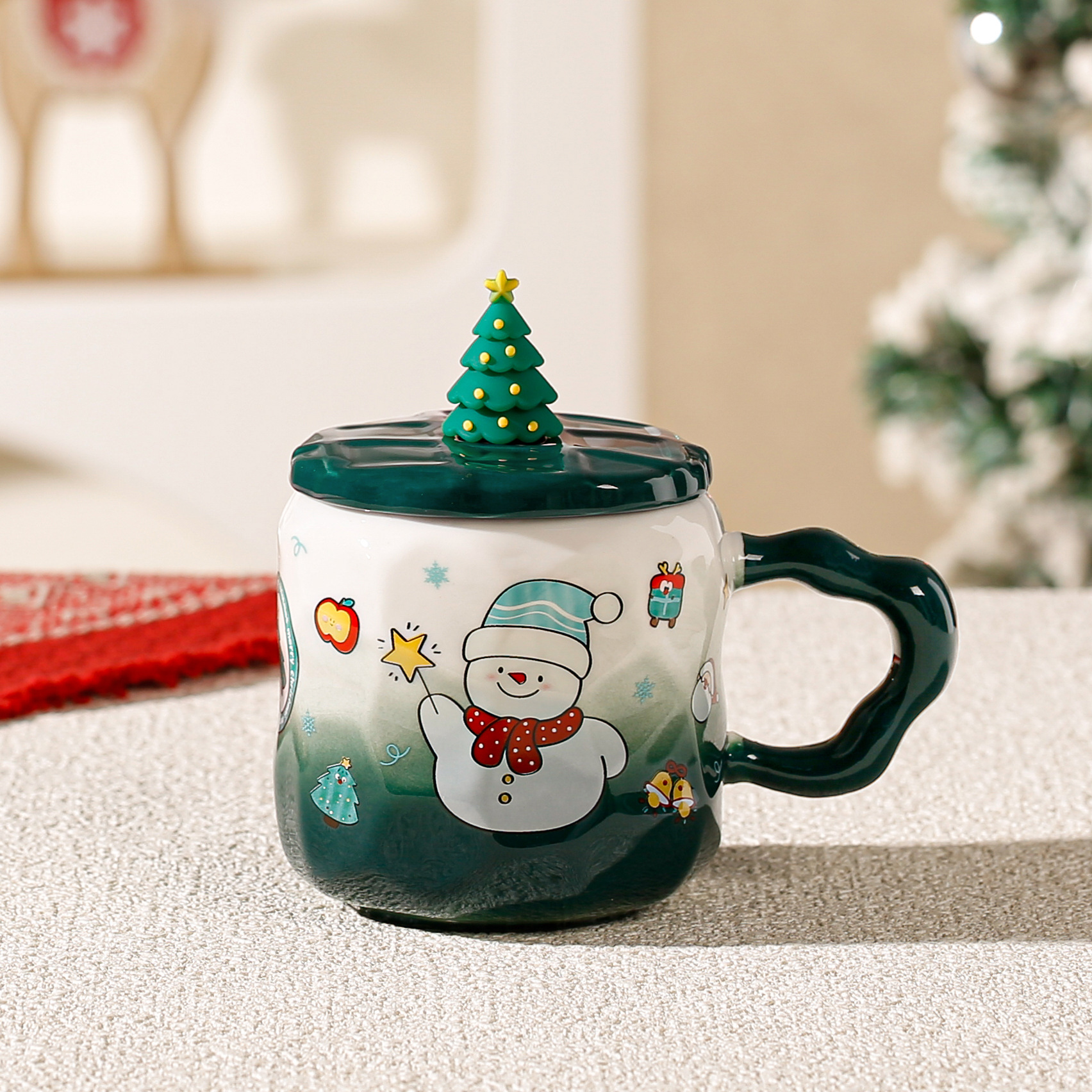 Taza de cerámica navideña transfronteriza Taza de café con tema navideño Taza de elemento navideño verde rojo Comercio electrónico transfronterizo al por mayor