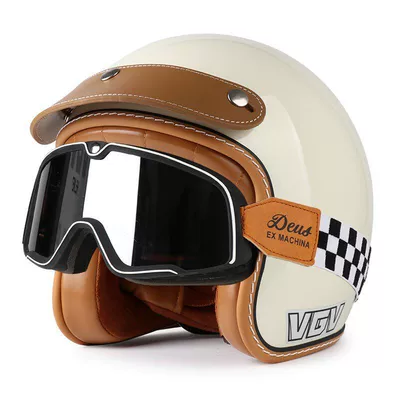 Motosiklet dəbilqələri — Certified Retro Motorcycle Helmet Electric - m-milky-white-brown-leather-hat-brim-black-and-white-checkered-goggles-free-hat-brim-face-towel