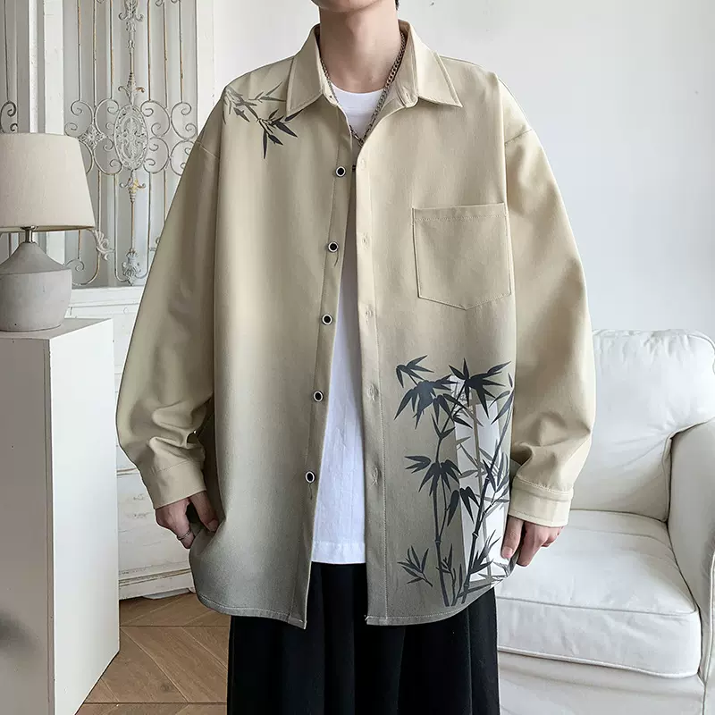 新款外套秋冬潮牌提花学生ins潮夹克上衣工装口袋长袖国风衬衫男