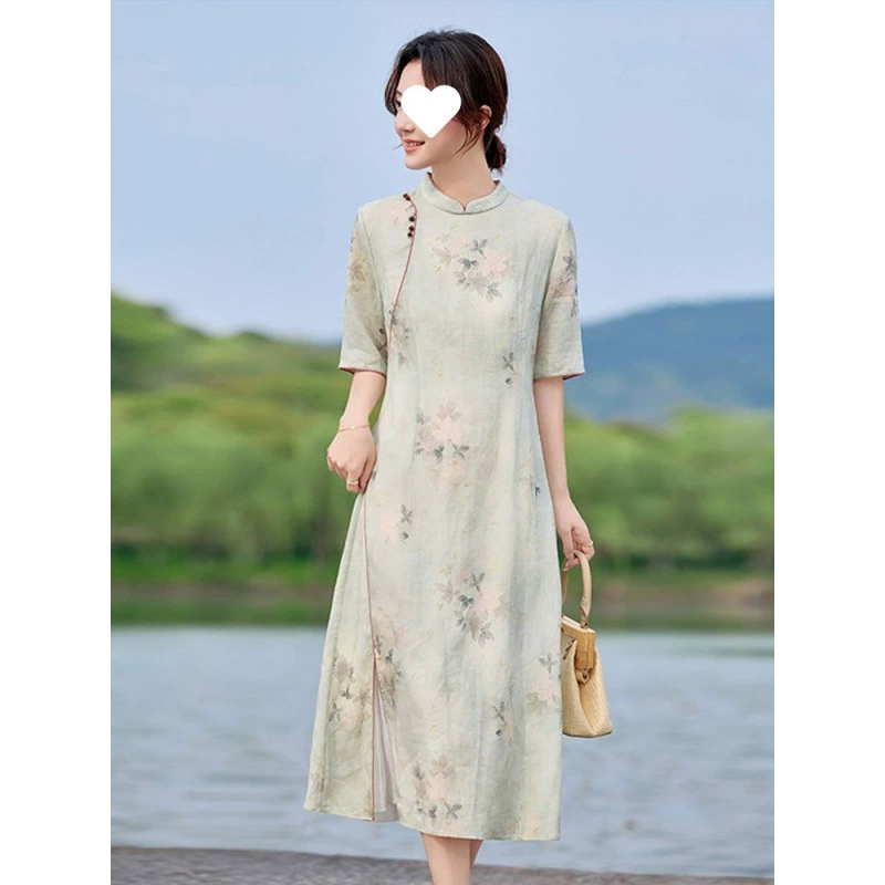 Высококачественное летнее новое стильное платье в китайском стиле, слегка толстое и тонкое, с воротником-стойкой, элегантное и универсальное повседневное модное платье из рами