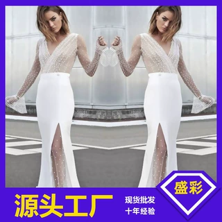 2027欧美女春季时尚新款连衣裙 wish亚马逊性感V领透视礼服连衣裙