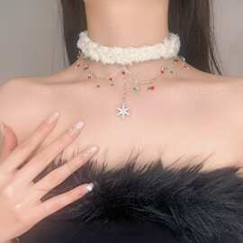 秋冬圣诞节双层流苏雪花项链女轻奢高级感颈链毛绒锁骨链chocker