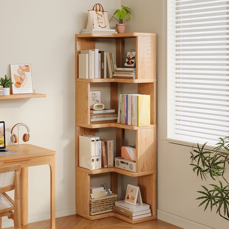 Solid Wood Corner Bookshelf Floor Storage Rack Integrated Wall Simple Bookcase Storage Household Living Room Corner Storage Cabinet