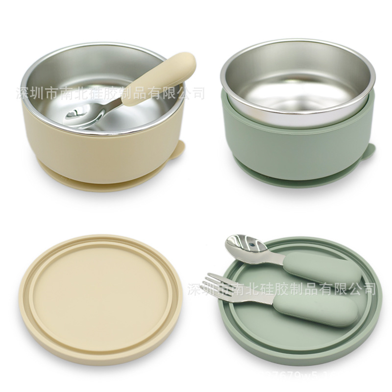 Amazon 316 Stainless Steel Round Bowl with Silicone Suction Cup Food Grade Baby Food Bowl with Dust Cover Short Spoon and Fork