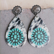 跨境复古绿松石图案水滴木耳环仿马毛印刷图案美国南瓜花耳钉耳饰