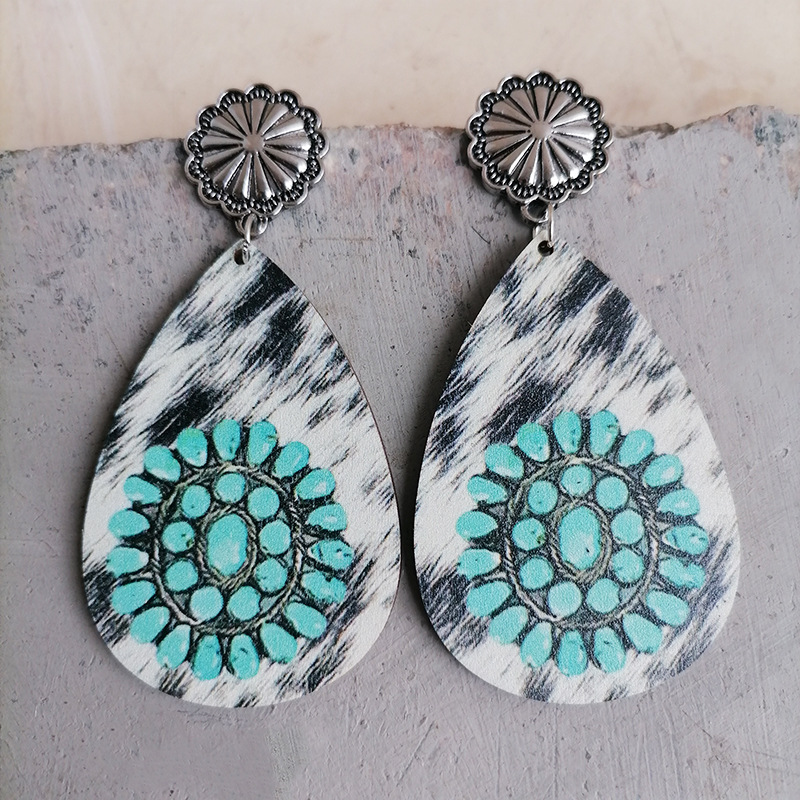 跨境复古绿松石图案水滴木耳环仿马毛印刷图案美国南瓜花耳钉耳饰