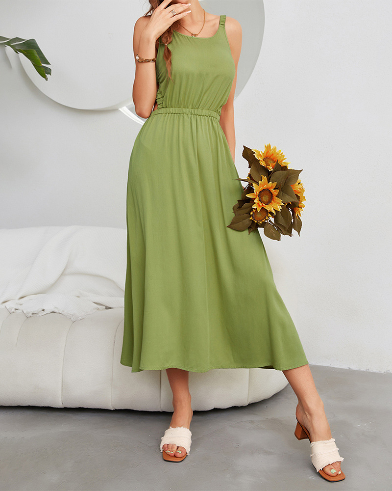 green sleeveless round neck backless Large Swing Long dress  NSKA121421