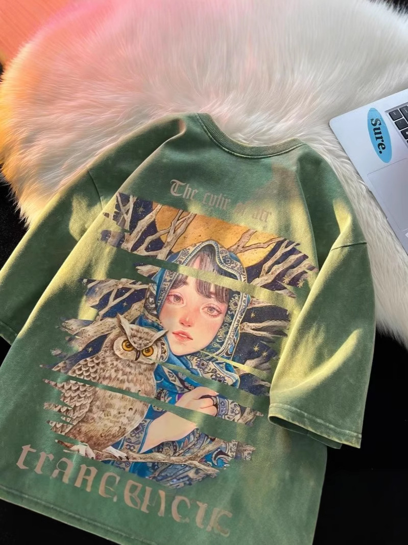 Camiseta de manga corta de algodón de la marca de moda de la calle alta estadounidense para hombres verano retro marea casual lavado viejo media manga guapo camiseta