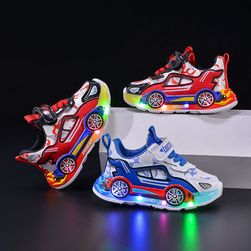 Cartoon Car Children's Light-Up Shoes for Boys, Leather Surface, Waterproof, Light-Up Casual Sports Shoes for Ages 6-12