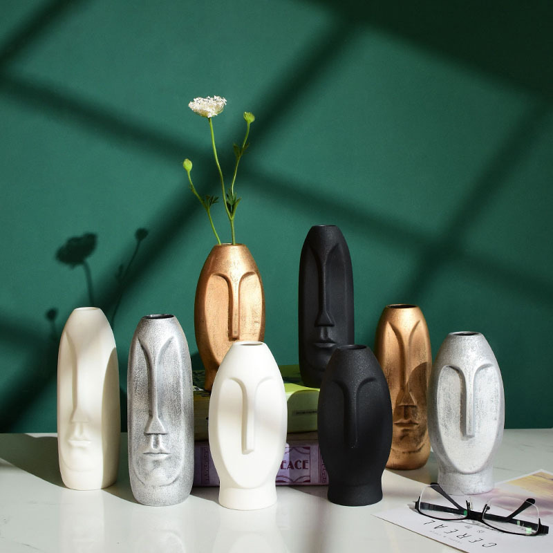 现代简约陶瓷花瓶创意黑白人脸样品间客厅装饰摆件插花器跨境代发