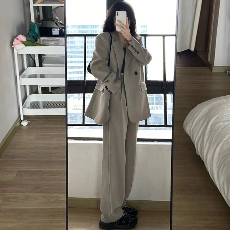 Серый маленький пиджак для чая с молоком, женский костюм-двойка, весенне-осенний новый стиль, маленький свободный повседневный костюм