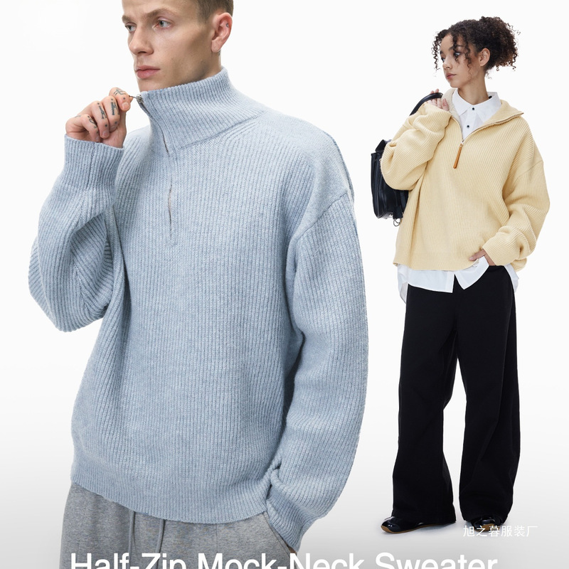 Jie Zhan Men's Clothing | Half-Zip Turtleneck Sweater 25 Winter New Retro Street Style Old Money Vibe Relaxed Lazy Top