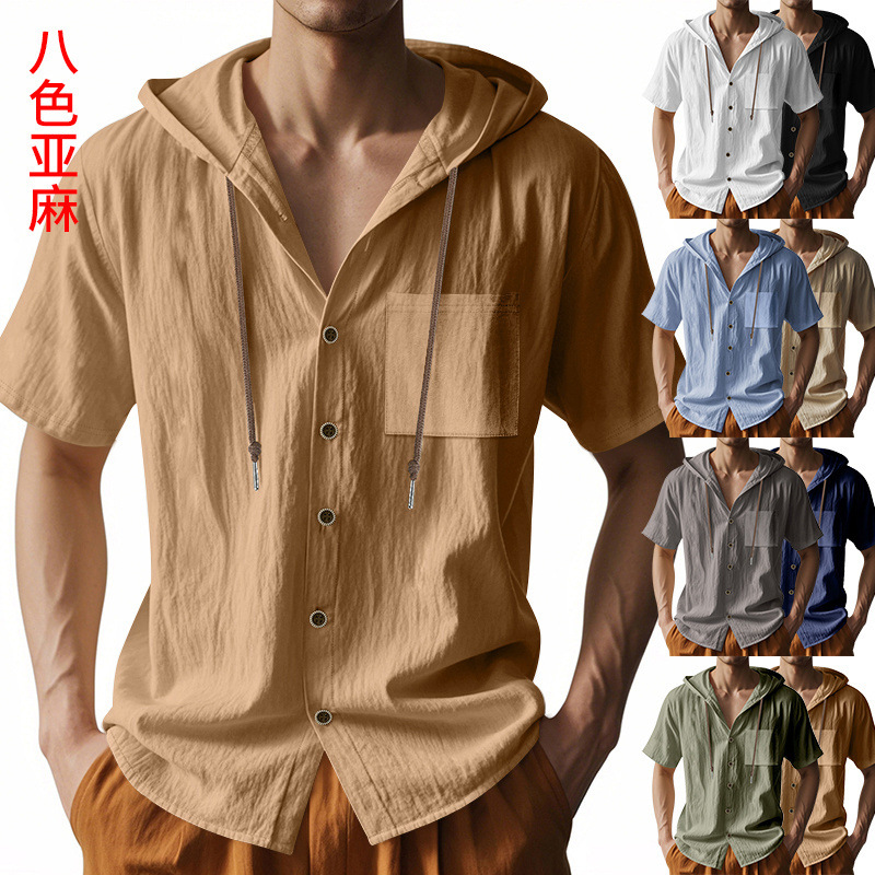 European and American Cross-border Men's Casual Short-sleeved Shirt Drawstring Button Pocket Cardigan Shirt Trendy Loose Beach T-shirt