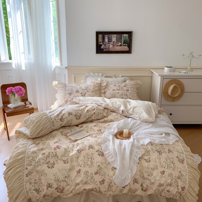 Nordisch-französisches Vintage-Boho-Retro-Prinzessinnen-Bettwäscheset mit Spitze und Rüschen, vierteilig, bestehend aus Rock, Bettlaken und Bettbezug, aus reiner Baumwolle._voghion.com